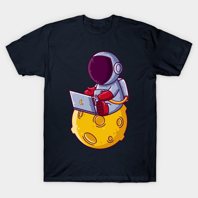Cute Astronaut Working with Laptop on Moon Cartoon T-Shirt by Ardhsells